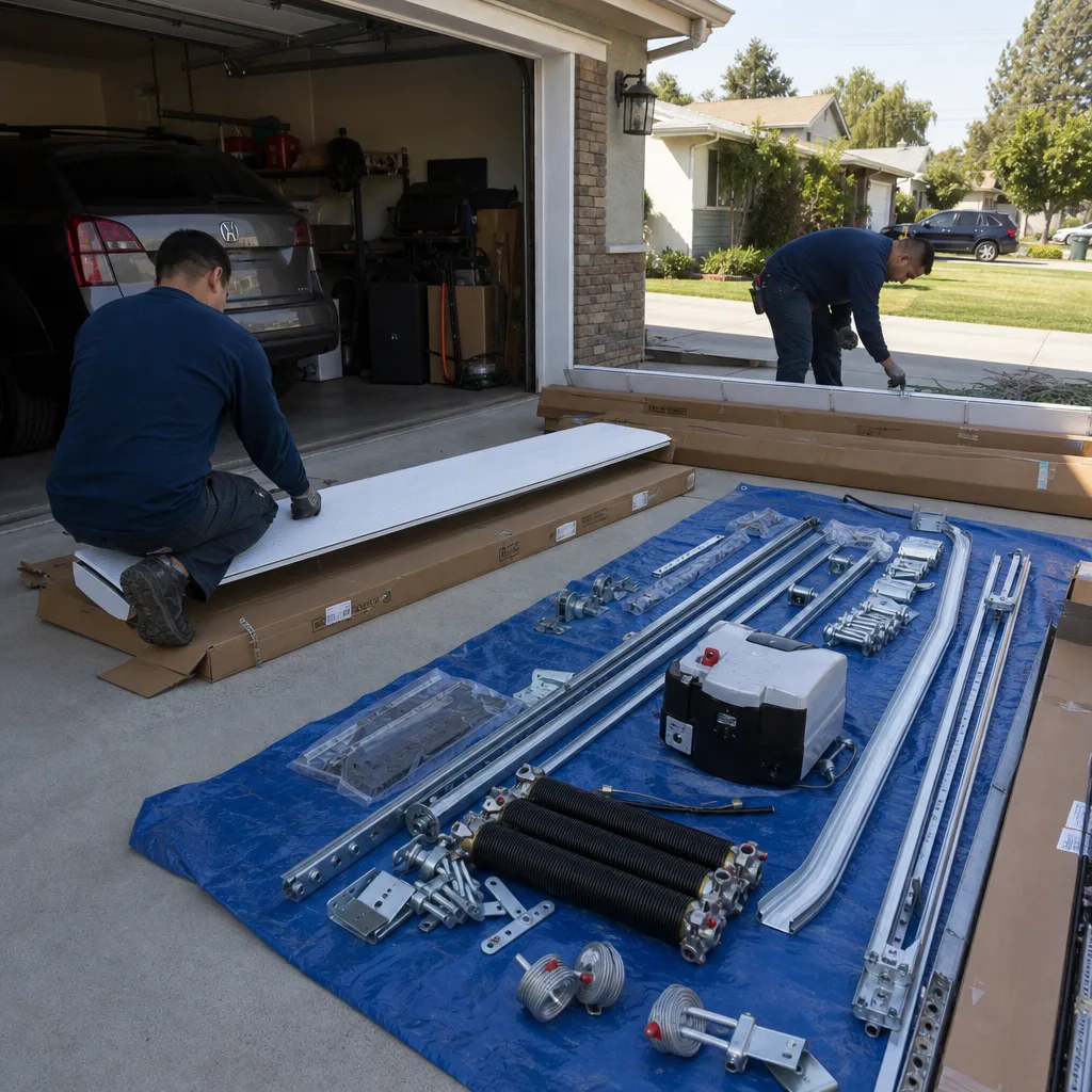Two professionals performing a residential garage door installation