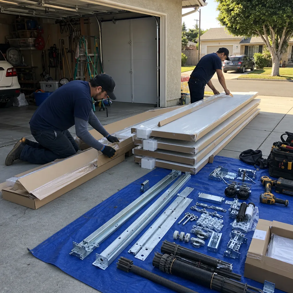 Technicians preparing garage door parts for professional installation on a driveway