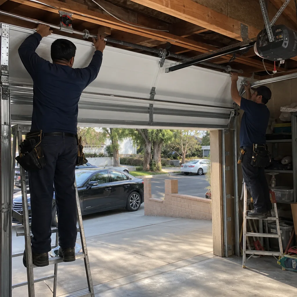 Two professional technicians performing a residential garage door installation