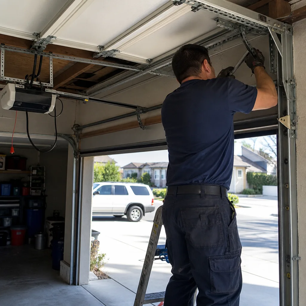 Technician performing professional garage door opener repair and maintenance.