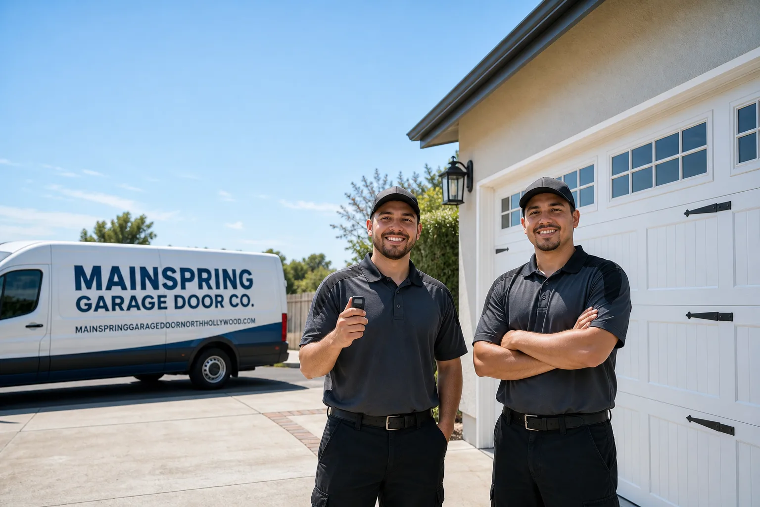 Mainspring Garage Door Co. garage door service vehicle and crew in North Hollywood, CA